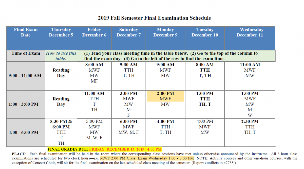2019 Fall Semester Final Exam Schedule Tougaloo College